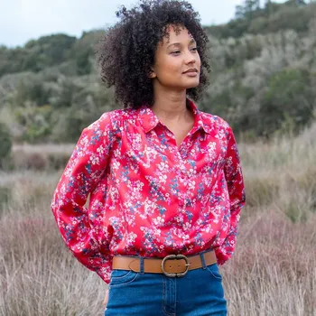 Dámská móda Rozšířená saténová košile s potiskem červená/modrá 44