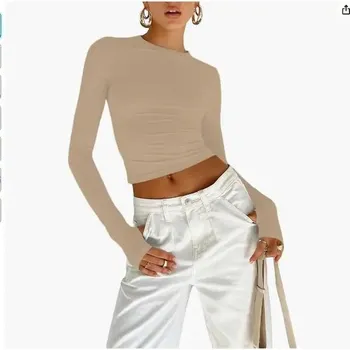 Dámský jednobarevný top s dlouhými rukávy Barva: Khaki, Velikost: S