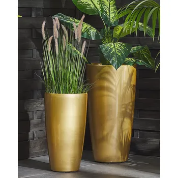 Vnitřní Venkovní sada 2 květináčů na rostliny zlaté směs kamene Vysoký lesk Kulaté Vysoké 32 cm Moderní Design Beliani