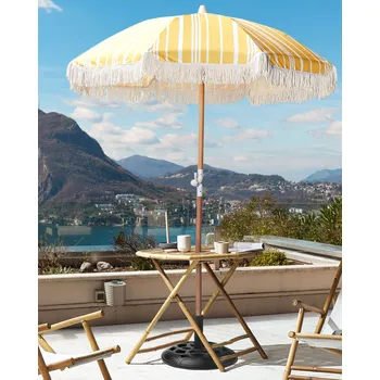 Slunečník Zahradní slunečník Bílá žlutá látka Bukové Dřevo Tyč ⌀ 150 cm Kulatý retro zahradní venkovní naklápěcí UV odolný Beliani