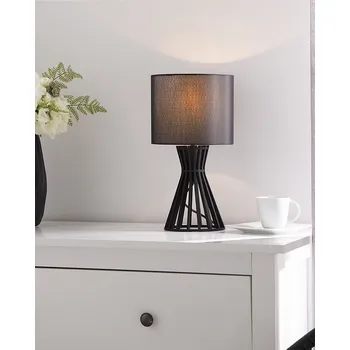Lampička Stolní lampa z černého dřeva, 37 cm kulatá látková stínicí základna v mřížovém vzhledu, kabel s vypínačem, venkovský styl Beliani
