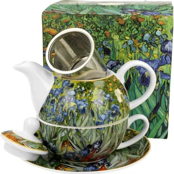 DUO Gifts DG - Porcelánový šálek s konvičkou a podšálkem s kovovým sítkem V. van Gogh, KOSATCE - 350 ml, 300 ml