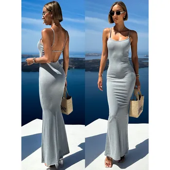 Dámské šaty Šedé dlouhé basic šaty ERDASET na ramínka Velikost: ONESIZE