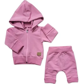 Kojenecká souprava 2-dílná bavlněná tepláková souprava s odepínací kapucí - růžová, Velikost koj. oblečení 62 (2-3m)