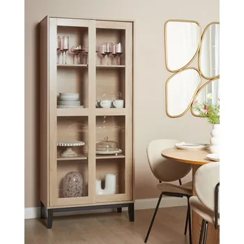 Knihovna Dekorativní skříňka ze světlého dřeva MDF se skleněnou vitrínou jídelna Beliani
