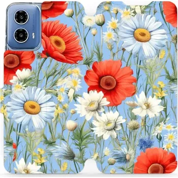 Pouzdro na mobilní telefon Flipové pouzdro Mobiwear - Motorola Moto G34 5G - VP44S Červené a bílé květy (Knížkové flip pouzdro, obal, kryt na mobil Motorola Moto G34 5G - VP44S Červené a bílé květy, materiál Umělá kůže + TPU - ochrana 360°, stojánek, silikonová vanička, magnetické)