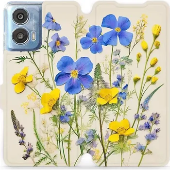 Pouzdro na mobilní telefon Flipové pouzdro Mobiwear - Motorola Moto G24 Power - VP41S Modré a žluté kvítky (Knížkové flip pouzdro, obal, kryt na mobil Motorola Moto G24 Power - VP41S Modré a žluté kvítky, materiál Umělá kůže + TPU - ochrana 360°, stojánek, silikonová vanička,)