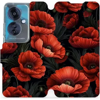 Pouzdro na mobilní telefon Flipové pouzdro Mobiwear - OPPO Reno 11 F 5G - VP45S Temné červené květy (Knížkové flip pouzdro, obal, kryt na mobil OPPO Reno 11 F 5G - VP45S Temné červené květy, materiál Umělá kůže + TPU - ochrana 360°, stojánek, silikonová vanička, magnetické zavírání