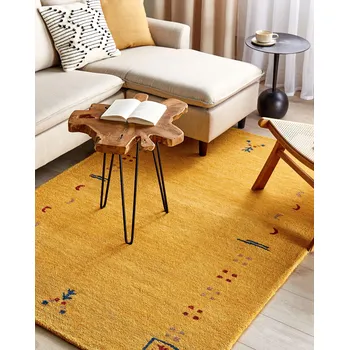 Koberec Koberec gabbeh žlutý vlněný 140 x 200 cm obdélníkový vícebarevný geometrický vzor boho styl obývací pokoj ložnice dětský pokoj Beliani