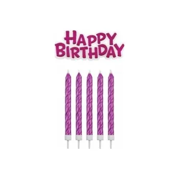 Dortová svíčka Dortové svíčky - Zářivě růžové + dekorace Happy Birthday