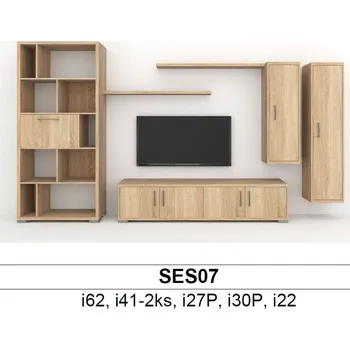 Obývací stěna BMB Libreta SES07 obývací sestava Dub přírodní, Noha vysoká mat - výška 120mm, NAKANA - Satin chrom