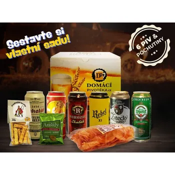 Pivo Sada piv a pochutin - vlastní výběr 3 piva v plechu varianta 1: Kácov Hubertus Premium, Rebel XI, Konrád 11° světlý ležák, 3 piva v plechu varianta 2: Svijanský Rytíř 12 %, Platan 12°, Primátor Tchyně, Pivní pochutiny: Cyrilovy brambůrky česnekové - 100g,