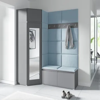 Předsíňová stěna Rohová předsíňová stěna Emi 37 - šedá grafit Barva čalounění: Pastelová modrá - Trinity 22