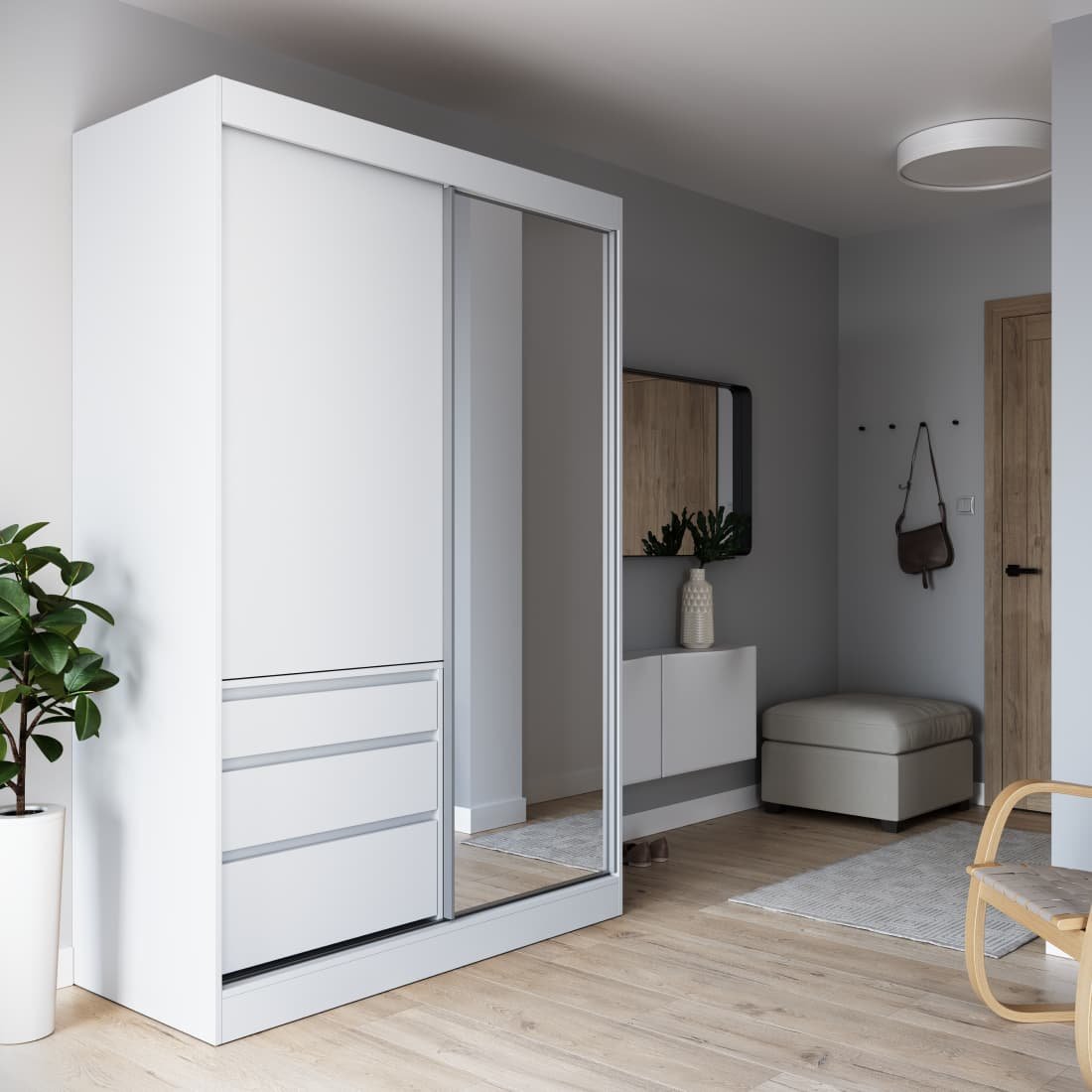 Skříň s posuvnými dveřmi a zrcadlem 140 cm - Haidar Barva: Bílá