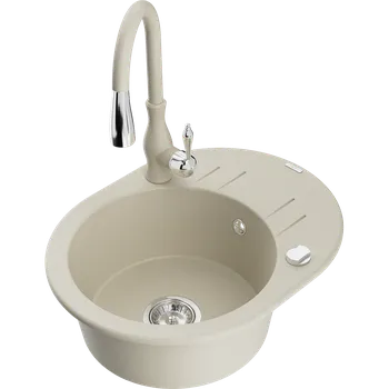 Granitový dřez Mexen Kevin granitový dřez 1-komorový s odkapávačem a kuchyňskou baterií Savita, béžový - 6517-69-672601-69 Granitové dřezy s baterií