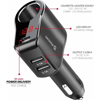 Zástrčka SWISSTEN s výstupem 1x CL, 1x USB-C PD a 2x USB-A 108W - 216W, 48043