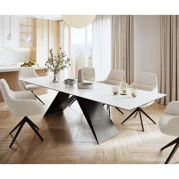 Jídelní stůl DELIFE Jídelní stůl Edge 300x100 cm keramika Laminam® Statuarietto bílá podnož ve tvaru V střední černá