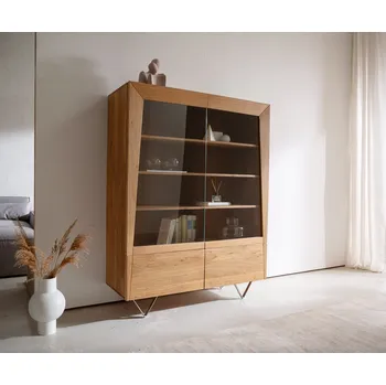 Komoda DELIFE Skříň Kayu 115x150 cm akácie přírodní 2 skleněná dvířka podnož ve tvaru V