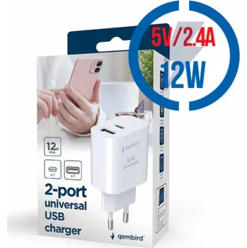 GEMBIRD TA-UC-2AC12-01, Nabíjačka, USB/USB-C, 12W