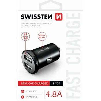 Zástrčka SWISSTEN s 2x USB výstupem 4,8 A (2,4A, 2,4A), 12/24V, 47413