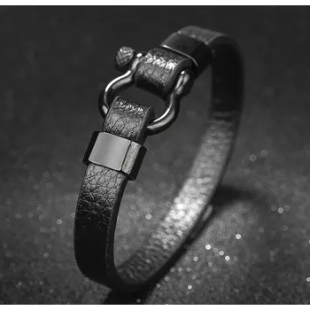 Náramek B-TOP Pánský kožený náramek s nerezovým ozdobným zapínáním - černý Délka: 21cm