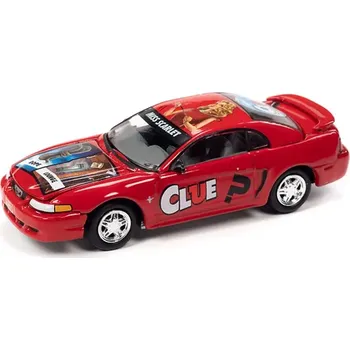 autíčko Ford Mustang "Clue" s pokerovým žetonem Miss Scarlet 1:64 - Johnny Lightning Ford Mustang Clue Miss Scarlet 2000 - sběratelský model autá 1/64