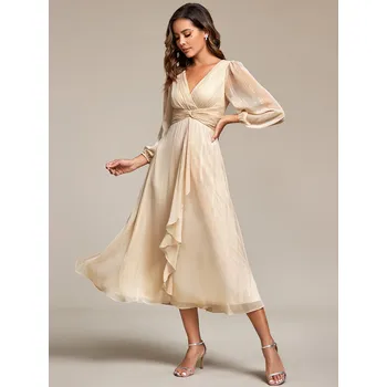 Dámské šaty Lesklé šifonové svatební šaty s dlouhým rukávem Barva: Korálová, Velikost: S