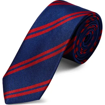 Kravata Navy hedvábná kravata s dvojitým červeným proužkem 6 cm - Trendhim