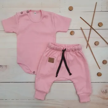 Kojenecká souprava Žebrovaná souprava body kr. rukáv + tepláčky Magic, bavlna, růžová, Velikost koj. oblečení 80 (9-12m)