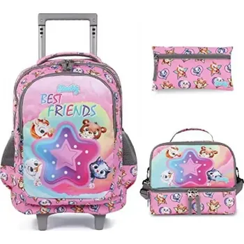 Školní batoh Set - Batoh na kolečkách, termotaška na svačinu a pouzdro na pastelky - RŮŽOVÝ ZVÍŘÁTKA (Značka: SEASTIG)