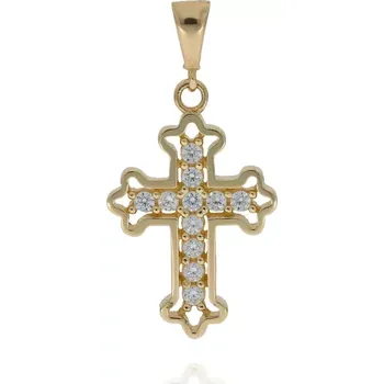 Přívěsek Zlatý křížek s čirými zirkony a zdobením