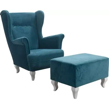 Křeslo křeslo ušák Royal s taburetem, modrá (AN 4756 Amor pik / bílá)