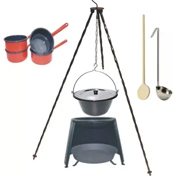 Kempingové nádobí Sada Full 14N s trojnožkou a závětřím 33 smalt, poklice nerez (kotlík s nerezovou poklicí 14 l na trojnožce 1,25, závětří plamene 33, ohniště, příslušenství)