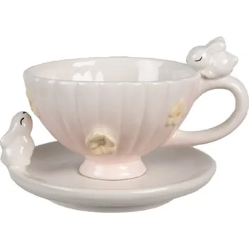 Růžovobílý porcelánový šálek s podšálkem se zajíčky a květy – 200 ml