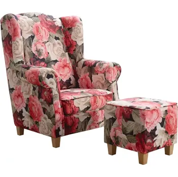 Křeslo Křeslo ušák AS s taburetem - vzor květy, červená květy / sonoma (Flauer 1)