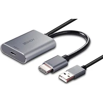 Video redukce Lindy Adaptér HDMI A(M) -> USB C(F) + napájaní USB A(M), 4K@60Hz, šedý, 13cm (43347) - 12.43.3347