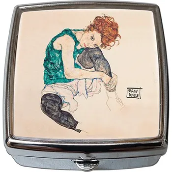 Kosmetické zrcátko Plumeria Plu - Krabička na tablety lékovka-pilulník se zrcátkem Egon Schiele Seated Women - 54x58x18 mm