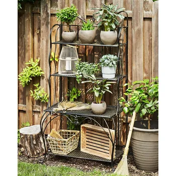 Zahradní sestava Zahradní police ze železa se 4 skládacími policemi v černé barvě nadčasové dekorace Zahradní nábytek Polička na rostlinu Terasa Balkón Beliani