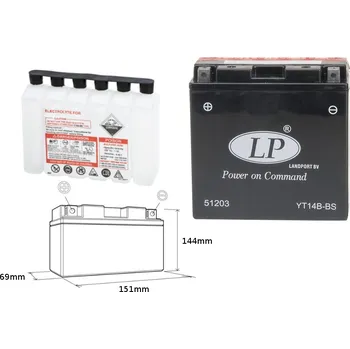 Motobaterie LANDPORT BATERIE YT14B-BS (MA LT14B-BS) 12V 12AH 150X69X145 BEZÚDRŽBOVÁ - ELEKTROLYT ODDĚLENĚ (4) UE2019/1148(190A)