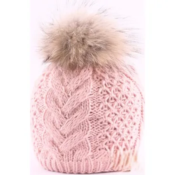 Čepice Dámská čepice s bambulí z pravé kožušiny Ania - růžová, Varianta: Čepice, VELIKOST UNI
