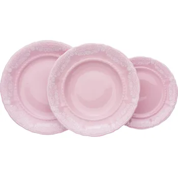 Talíř Leander Talířová souprava Sonáta, bílá krajka, růžový porcelán, Leander, 18 dílná