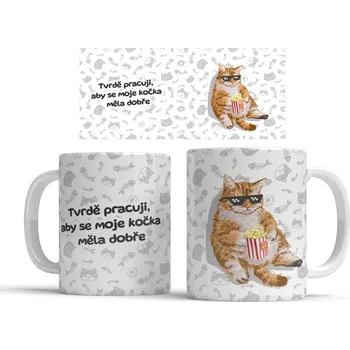 Hrnek Tvrdě pracuji, aby se moje kočka měla dobře - Červená