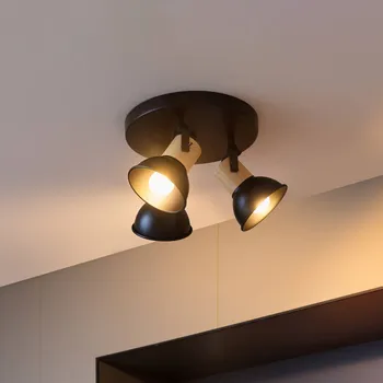 Lampička Bodový reflektor Lindby Bosko, třísvětelný, kulatý - Stropní držák - Ø 25 cm, výška 2,5 cm černá, dřevo 3 x 40 W - Doprava zdarma