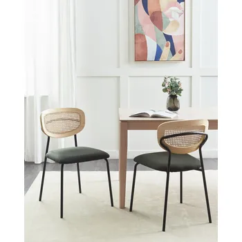 Sada 2 jídelních židlí tmavě zelené polyesterové čalounění přírodní ratan s vídeňským výpletem černé kovové nohy bez područek Beliani