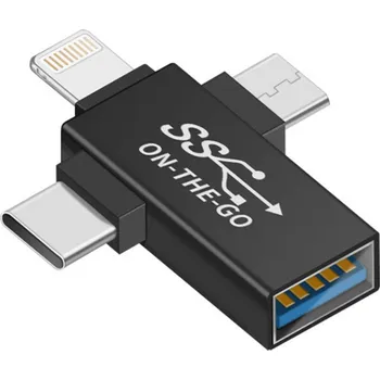 Datové redukce Přenosný OTG adaptér 3 v 1 Type-C/Micro/Lightning pro synchronizaci dat černý