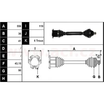 přední poloosa AVORD délka 556mm, 36 drážek u kola, 6 šroubů u převodovky AUT, bez ABS kroužku, P, repasovaný originál (+vratná