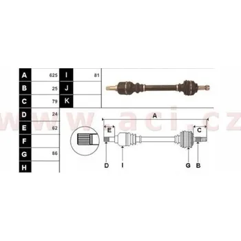 poloosa AVORD délka 625 mm, 25 drážek u kola, 24 drážek u převodovky (převodovka BE4R), L, repasovaný originál (+vratná část 59
