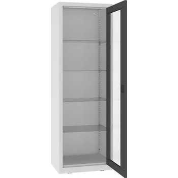 Kovová skříň s prosklenými dveřmi, kovové police, jednokřídlé dveře, š x h x v: 600x435x1800 mm, barva dveří antracitová RAL7016
