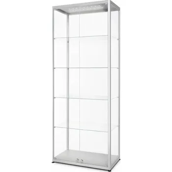 Prodejní regál Jansen Display Skleněná produktová vitrína VR2 - 800x2000x400mm, půlené čelní dveře, LED osvětlení, stříbrná