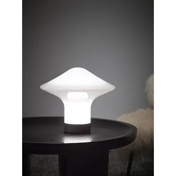 Brokis Designová stolní lampa Trottola table S, PC1323 Povrch Montury: černý elox (CCS1948), Barva skla: opalín (CGC38), Povrchová úprava baldachýnu: kov - bílý matovaný komaxit se strukturou (CCSC2810)
